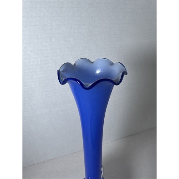12” Tall 1950’s Handled Blue Glass Bud Vase Clear Handles White Interior - Picture 6 of 9
